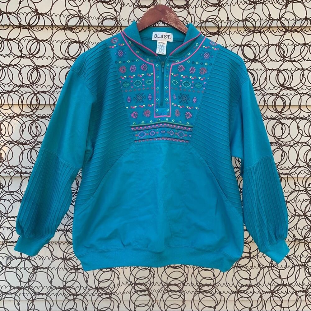 Vintage neon Aztec turquoise 1/4 zip granny sweatshirt
